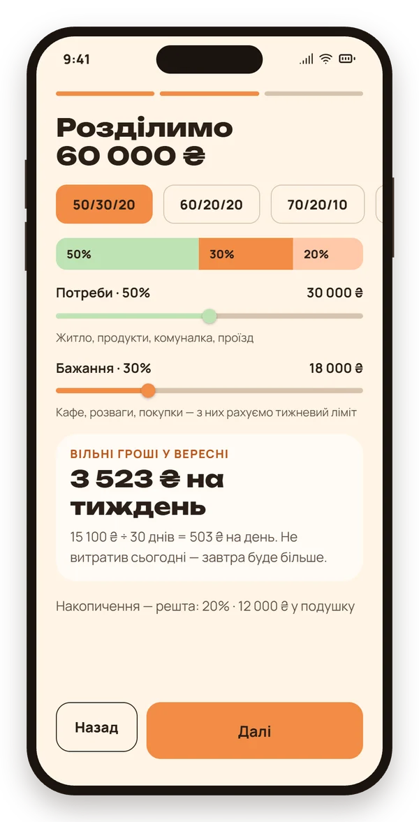Екран налаштування: дохід 60 000 гривень ділиться за правилом 50/30/20